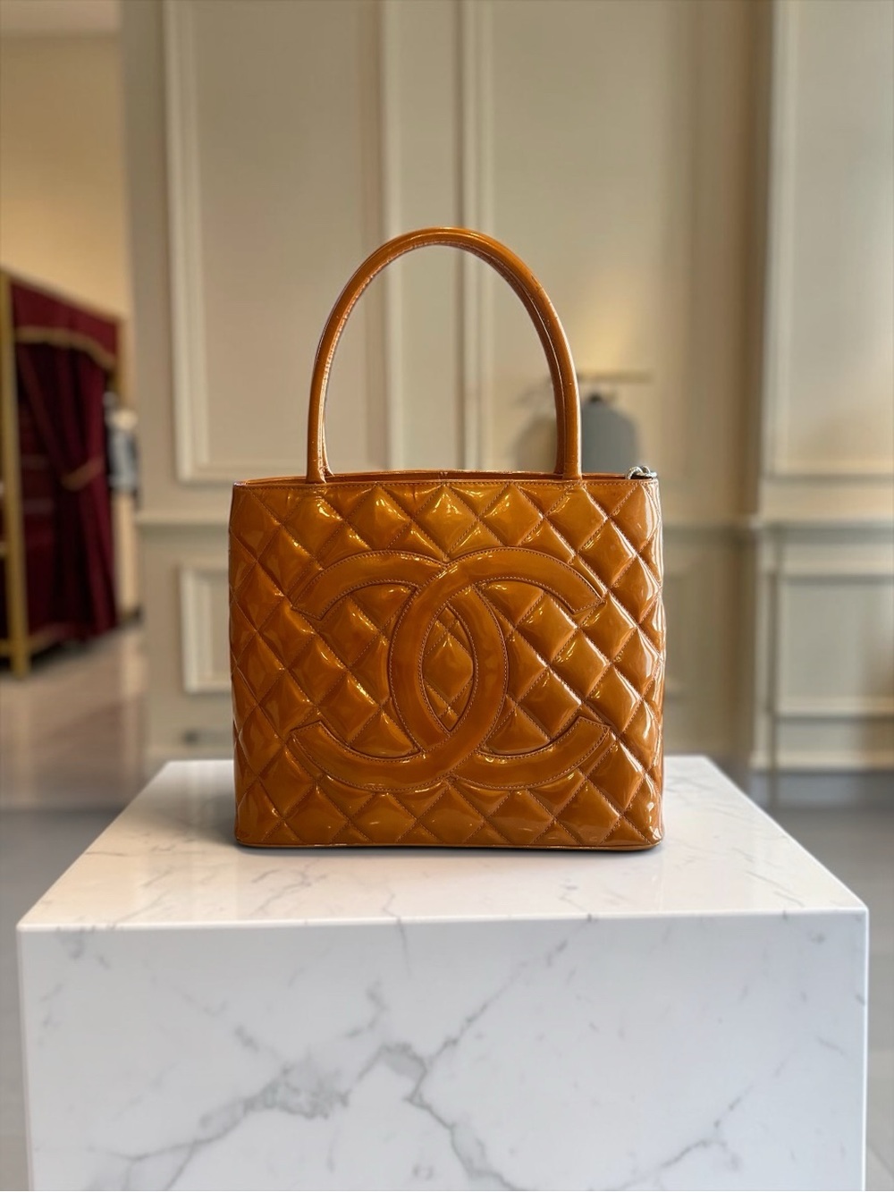 Authentic Chanel Cambon Medium Orange Patent Tote | Made in France